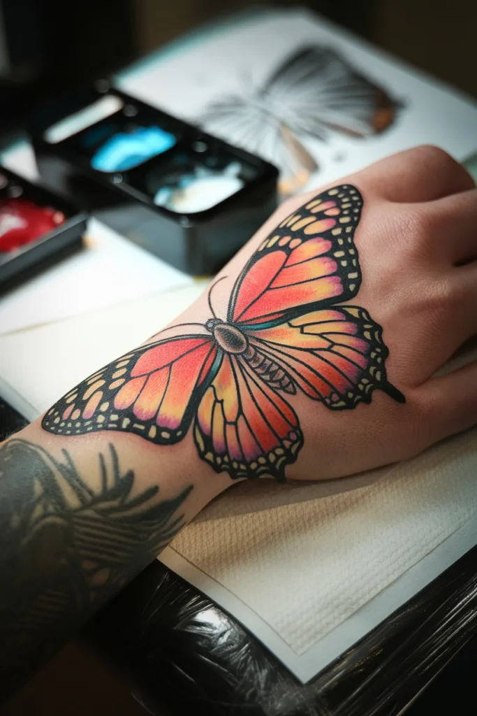 Bright butterfly tattoo on hand with tattoo inks in the background.