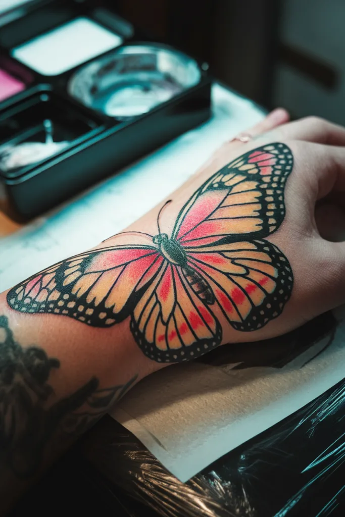 Colorful butterfly tattoo on a hand, showcasing detailed ink art.