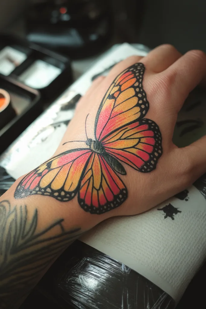 Vibrant butterfly tattoo on a hand, showcasing detailed artistry and rich colors.