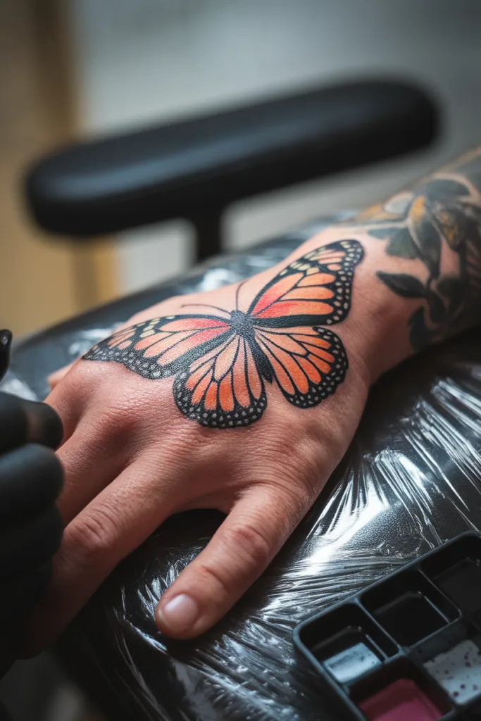 Hand with vibrant butterfly tattoo being inked, showcasing intricate design and colors on the skin.