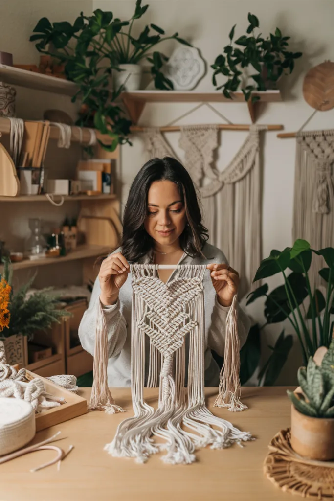 Woman crafting macramé wall hanging in cozy, plant-filled room. Handmade decor art for bohemian home style.