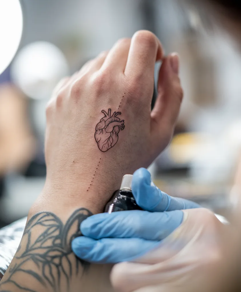 Tattoo artist inking heart design on hand, close-up of gloved hands.