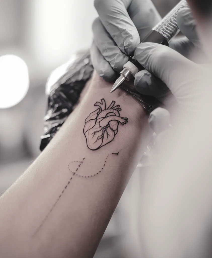 Tattoo artist inking anatomical heart design on arm, showing close-up of tattoo needle work in progress.