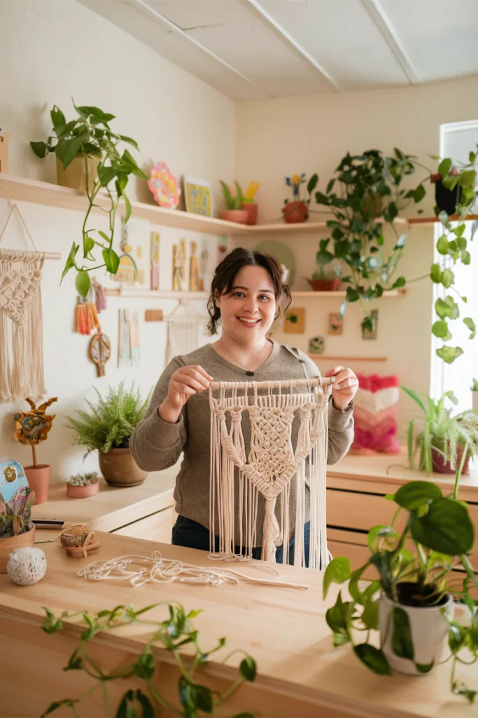 Person displaying handmade macramé wall hanging in a cozy, plant-filled craft room.