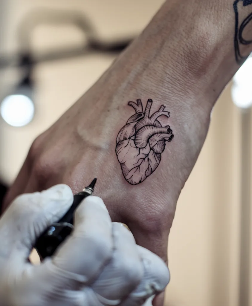 Tattoo artist inking realistic heart design on hand with precision.