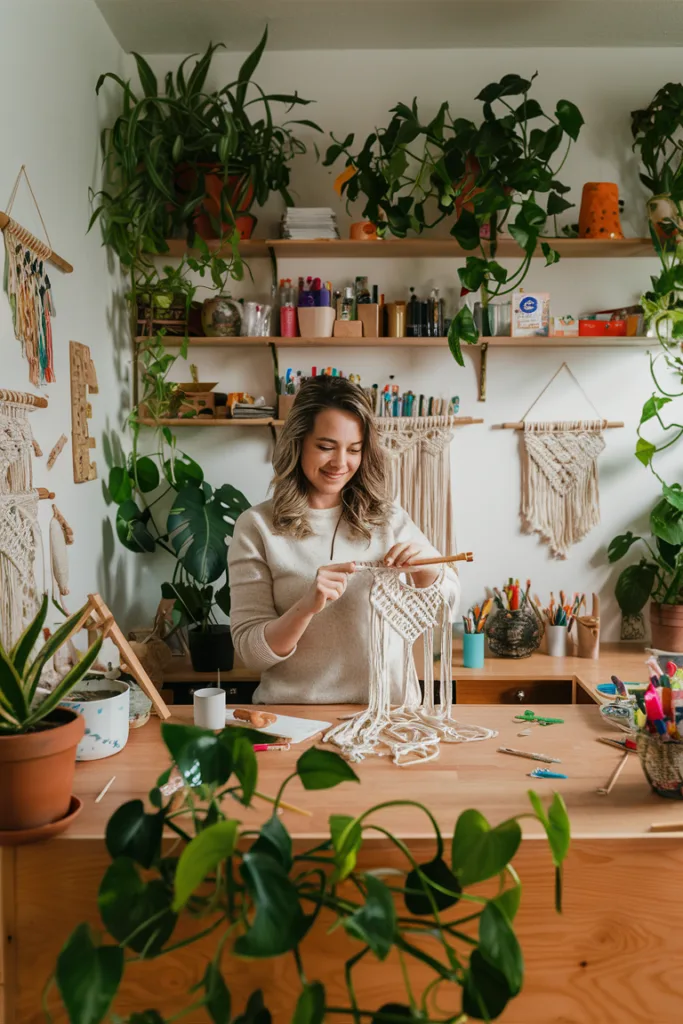 Woman crafting macramé decor in a cozy, plant-filled workspace with shelves of art supplies.