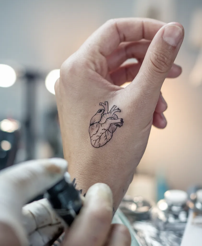 Realistic heart tattoo being inked on a person's hand in a tattoo studio.