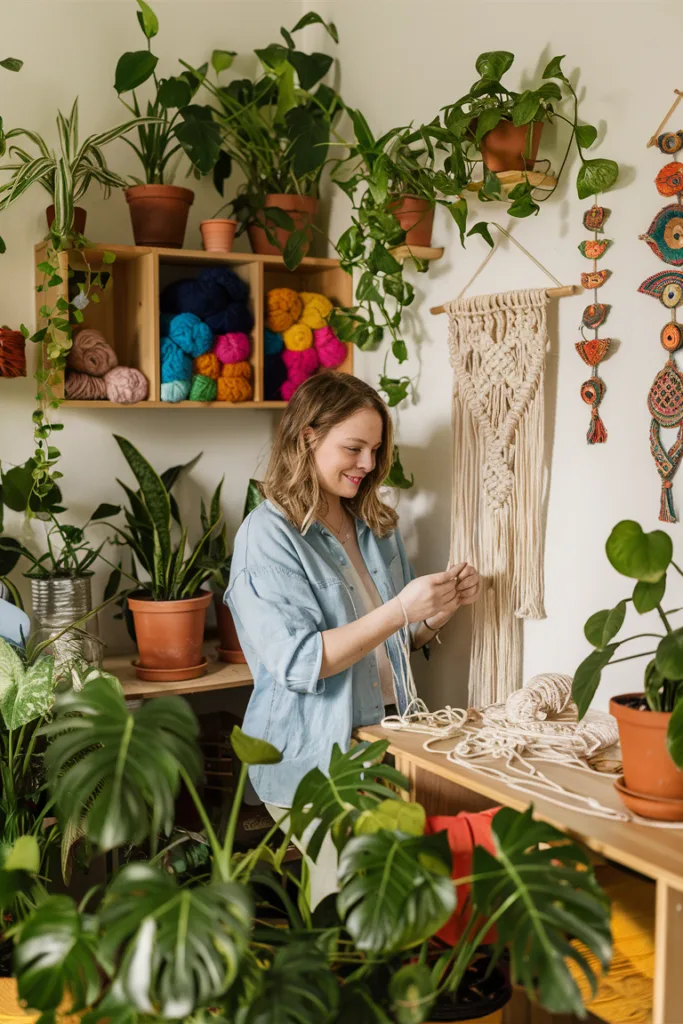 Woman crafting macramé surrounded by lush houseplants and colorful yarn in a cozy workspace.