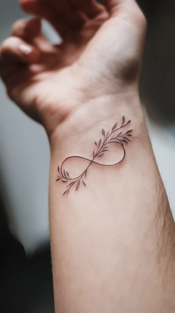 Minimalist infinity symbol tattoo with leaf design on wrist, showcasing delicate line art and nature-inspired elegance.