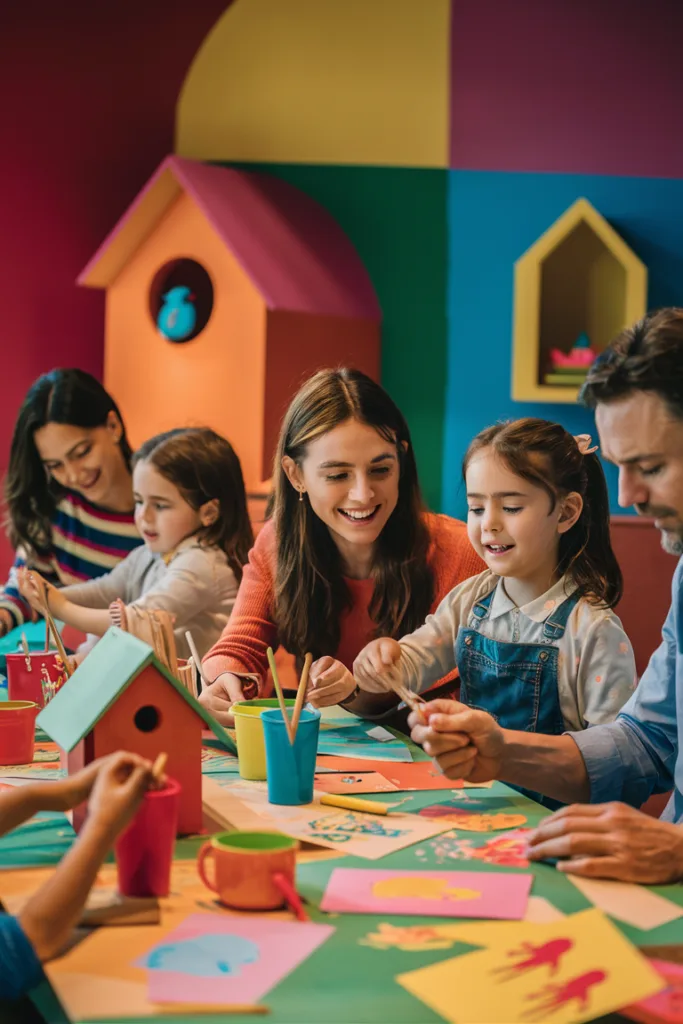 Family enjoying arts and crafts together at a colorful table, creating vibrant designs with paper and paint.