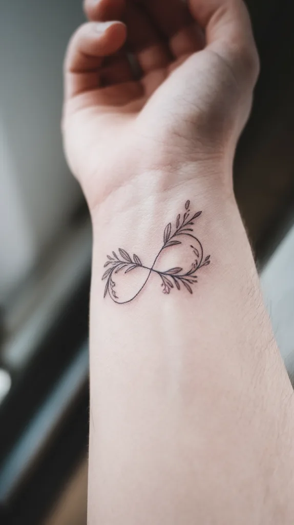 Minimalist infinity tattoo with leafy accents on a wrist.