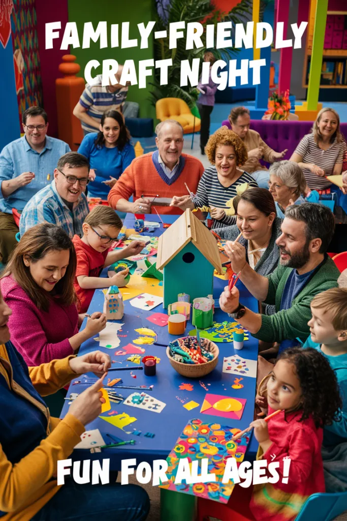 Family-friendly craft night with diverse group creating colorful art projects at a table. Fun for all ages!