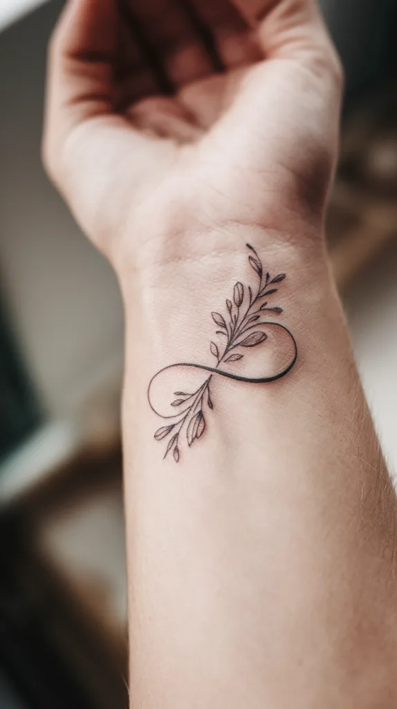 Minimalist infinity symbol tattoo with floral accents on inner wrist.