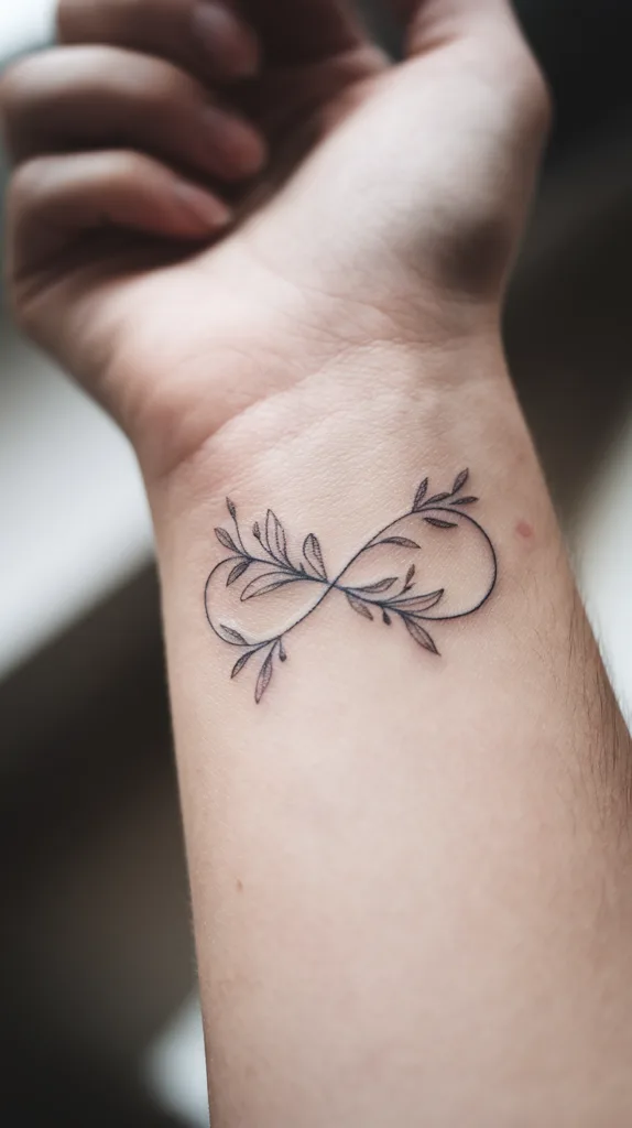 Wrist tattoo featuring an infinity symbol with leaf design, symbolizing eternity and nature.