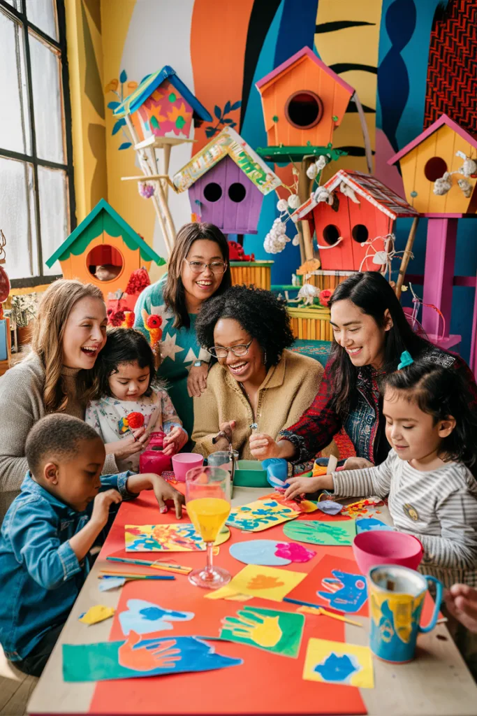 Group of friends and kids enjoying arts and crafts at a colorful indoor activity center with birdhouses.