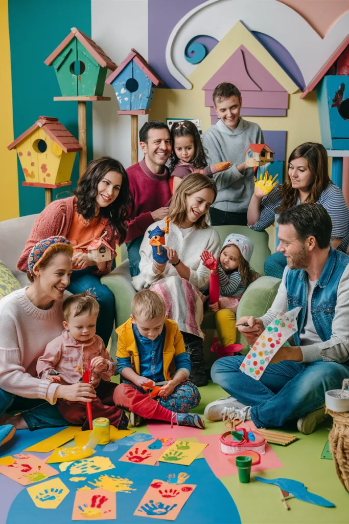 Family enjoying a fun arts and crafts day with colorful birdhouses and paintings.