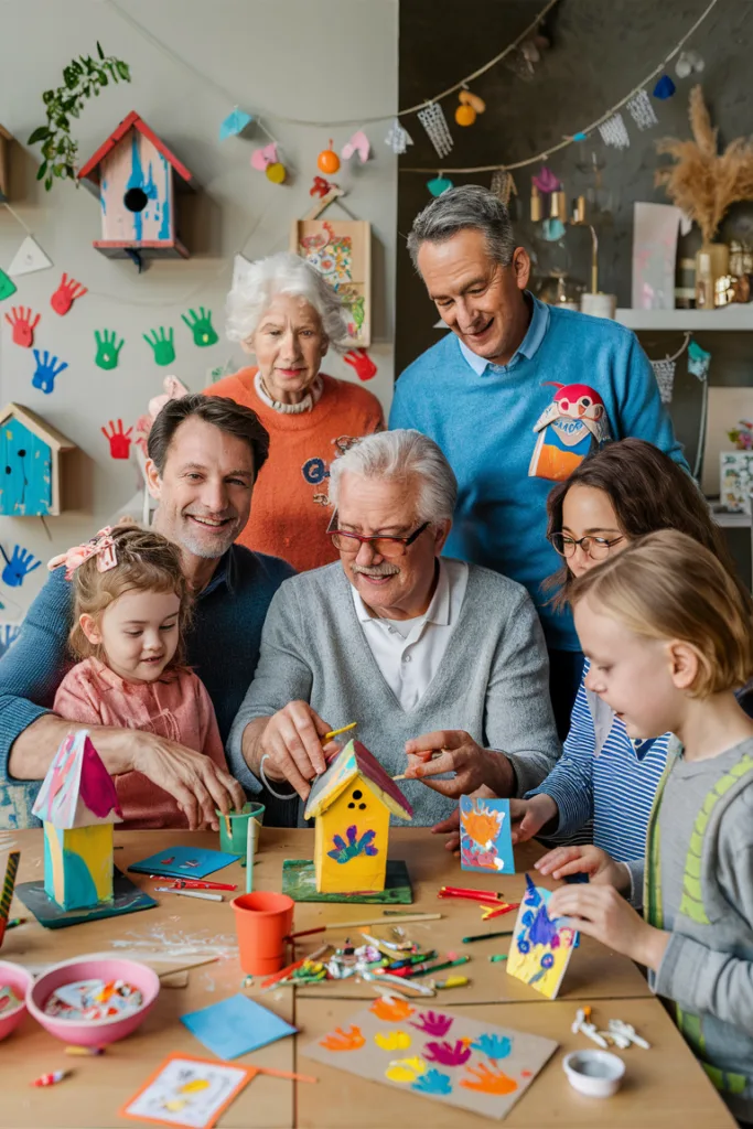 Family crafting colorful birdhouses together at a table, surrounded by art supplies and decorations.