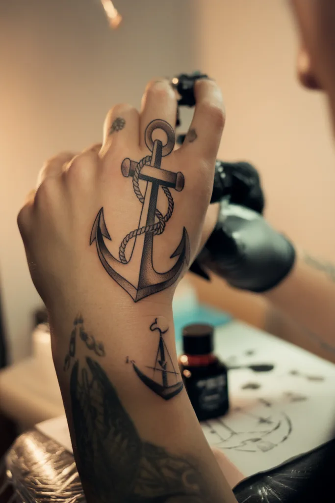 Close-up of hand with anchor tattoo being inked by tattoo artist in studio.