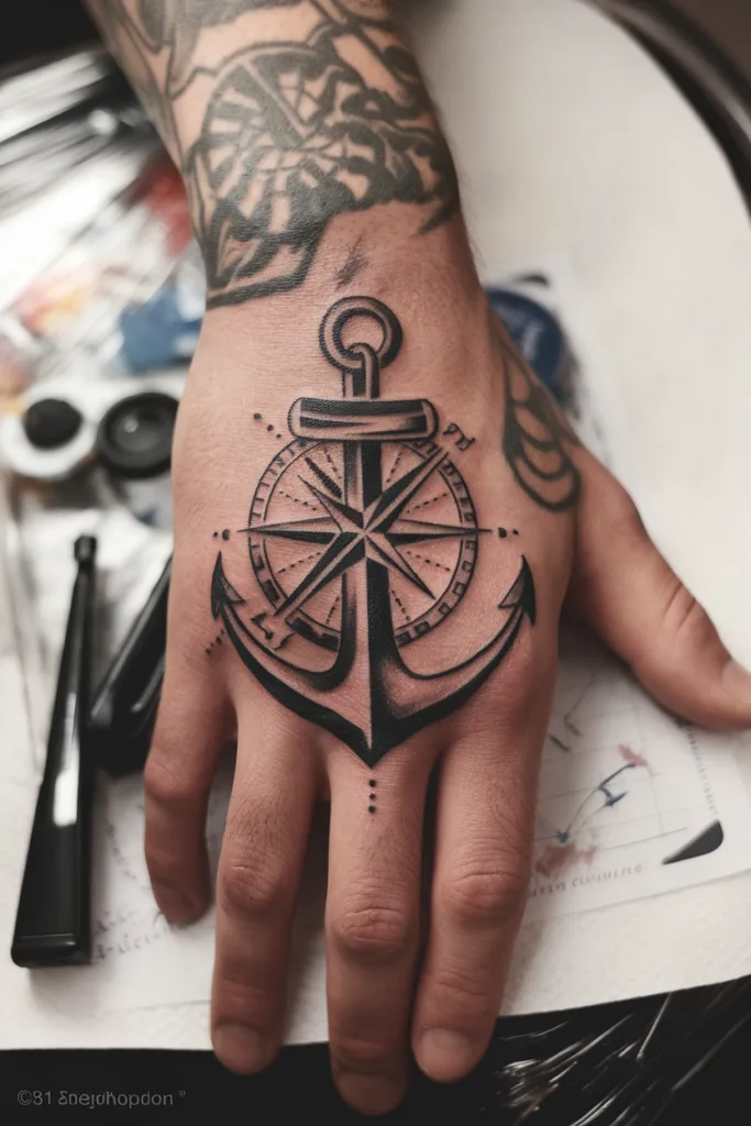 Hand tattoo featuring an anchor and compass design, symbolizing guidance and stability, on a wooden table.