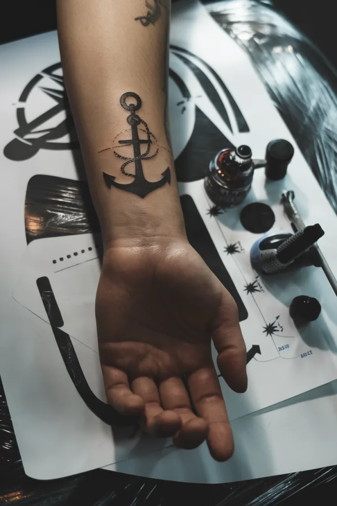 Arm tattoo of an anchor design with surrounding stencils and tattoo equipment.