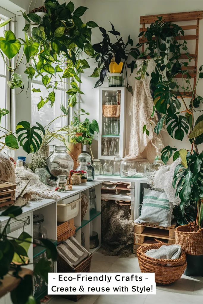 Eco-friendly craft space with indoor plants and recycled materials for sustainable creativity.