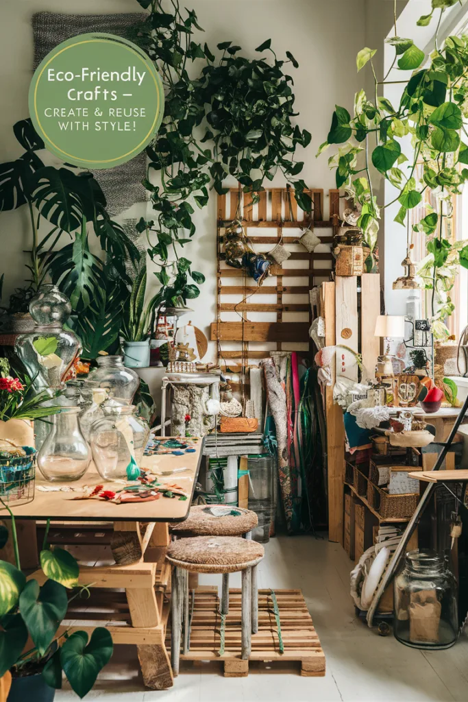 Eco-friendly craft room with plants, recycled materials, and a sign reading Eco-Friendly Crafts – Create & Reuse with Style!