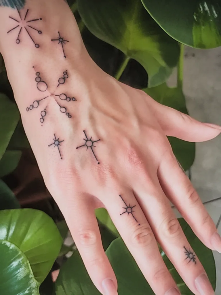 Minimalist geometric tattoos on a hand with green leaves in the background.