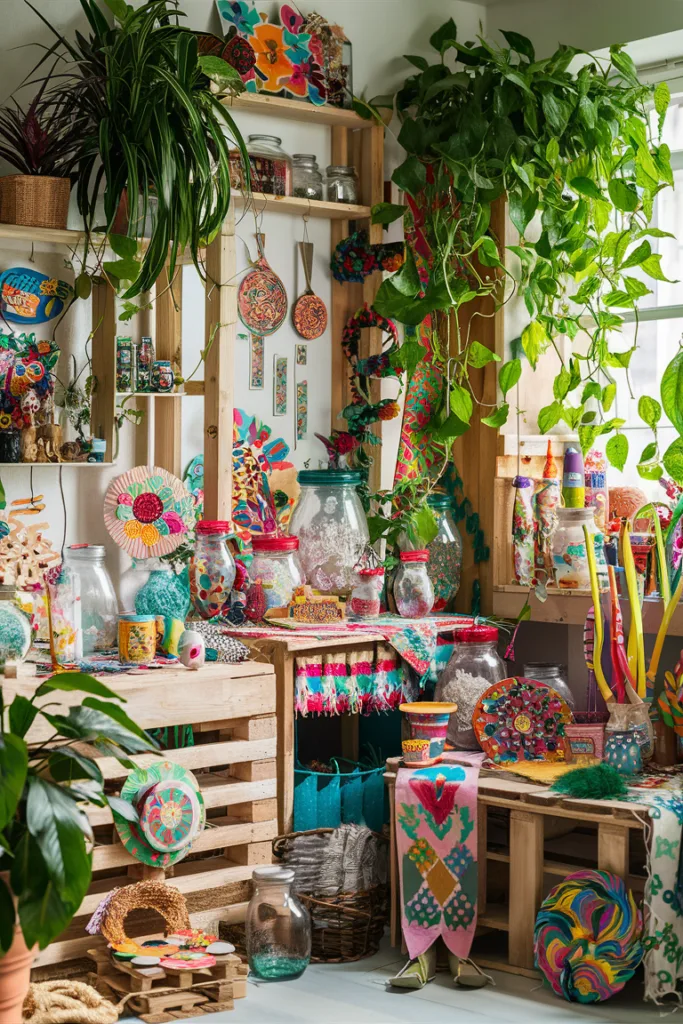 Colorful craft studio with vibrant decorations, plants, and art supplies on wooden shelves and tables.