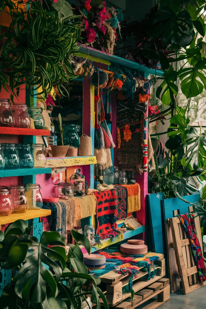 Colorful artisan shop with vibrant textiles, glass jars, and lush green plants creating a lively, rustic atmosphere.