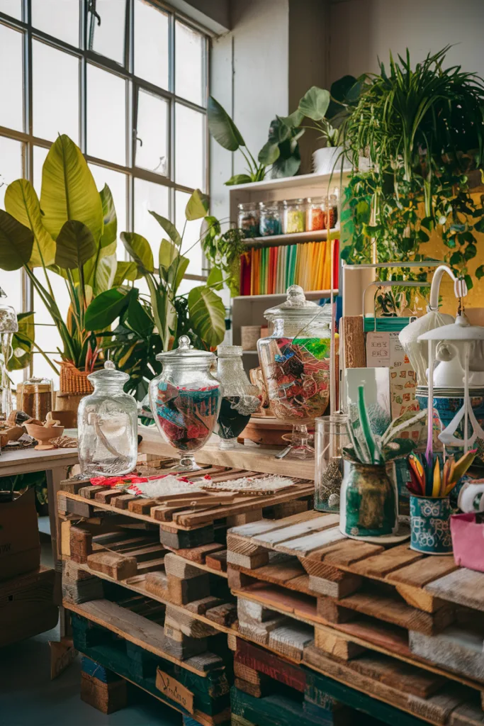 Creative workspace with glass jars of colorful materials, surrounded by lush green plants and natural light.