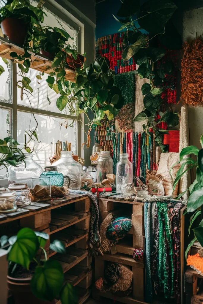 Cozy craft room with vibrant yarns, glass jars, and lush greenery by a sunlit window.