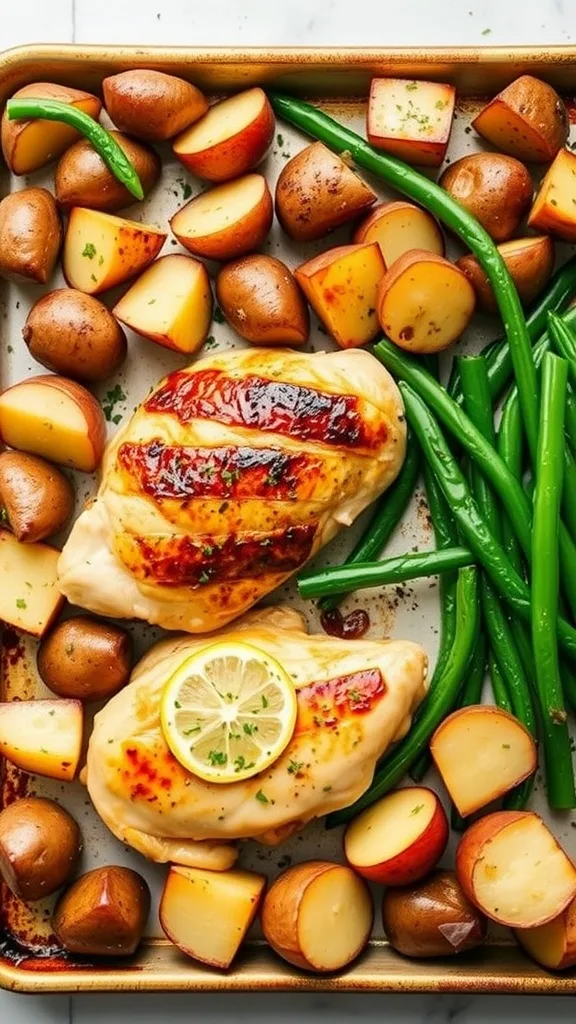 Grilled chicken with lemon, red potatoes, and green beans on a baking sheet, garnished with herbs.