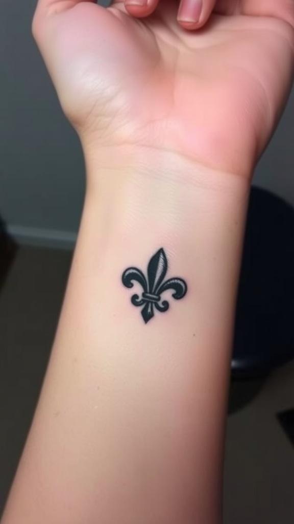 A small fleur-de-lis tattoo on the wrist