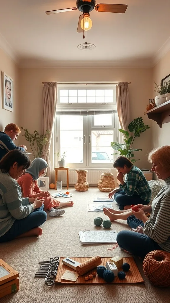 Group knitting in a cozy living room with natural light and various knitting supplies scattered on the floor.