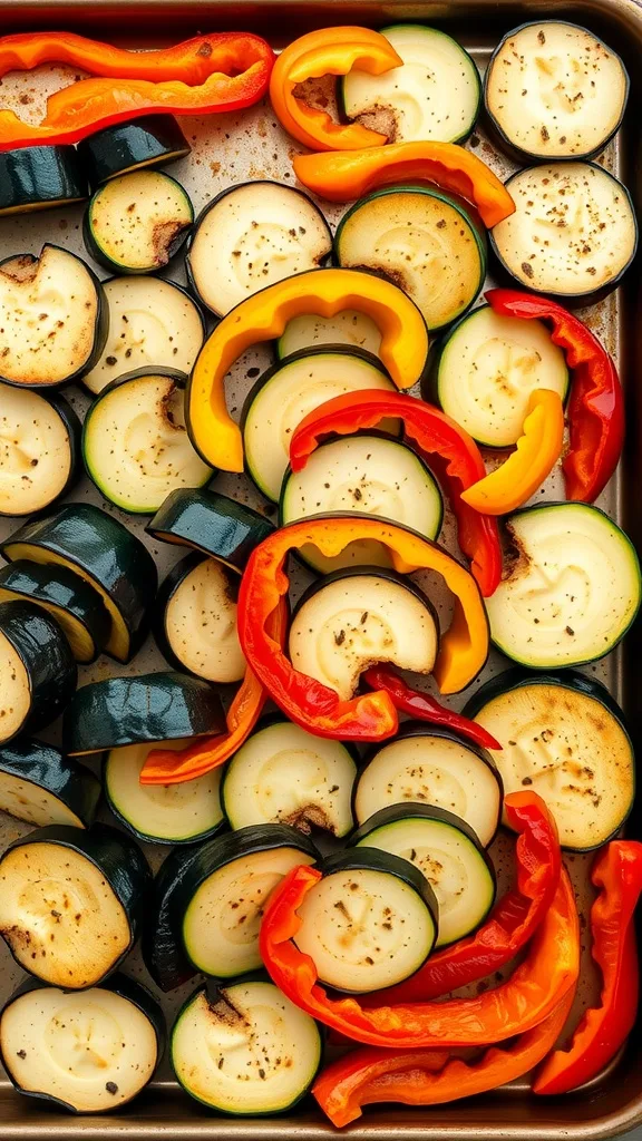 Sliced zucchini and colorful bell peppers seasoned and placed on a baking tray, ready for roasting.