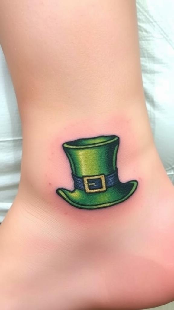 A vibrant green leprechaun hat tattoo on the ankle.