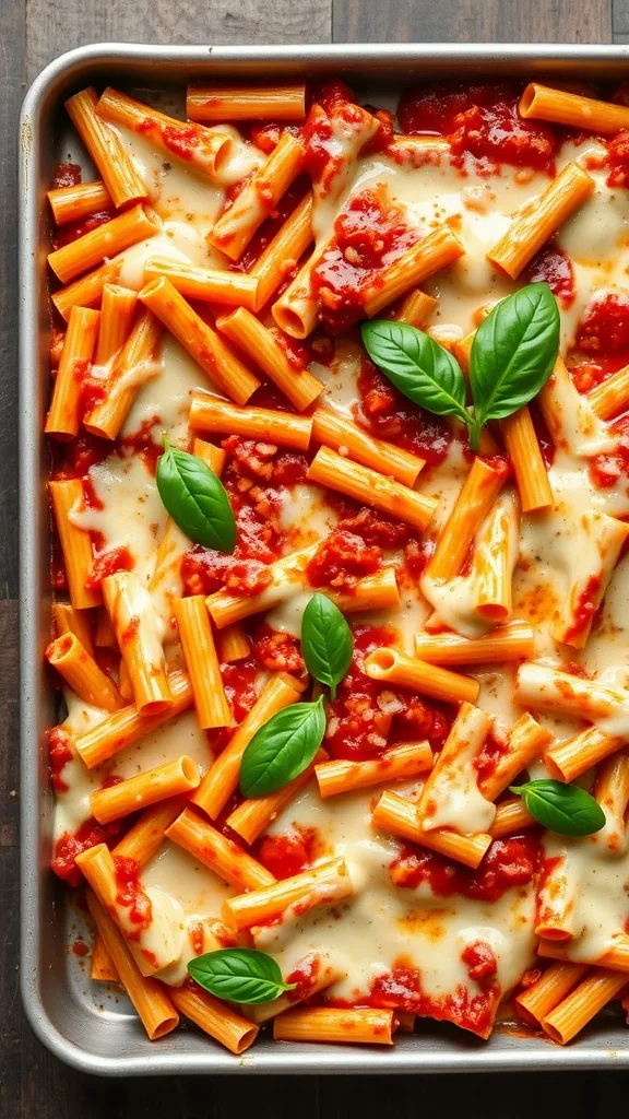 Baked rigatoni pasta with melted cheese, tomato sauce, and fresh basil leaves in a baking dish.