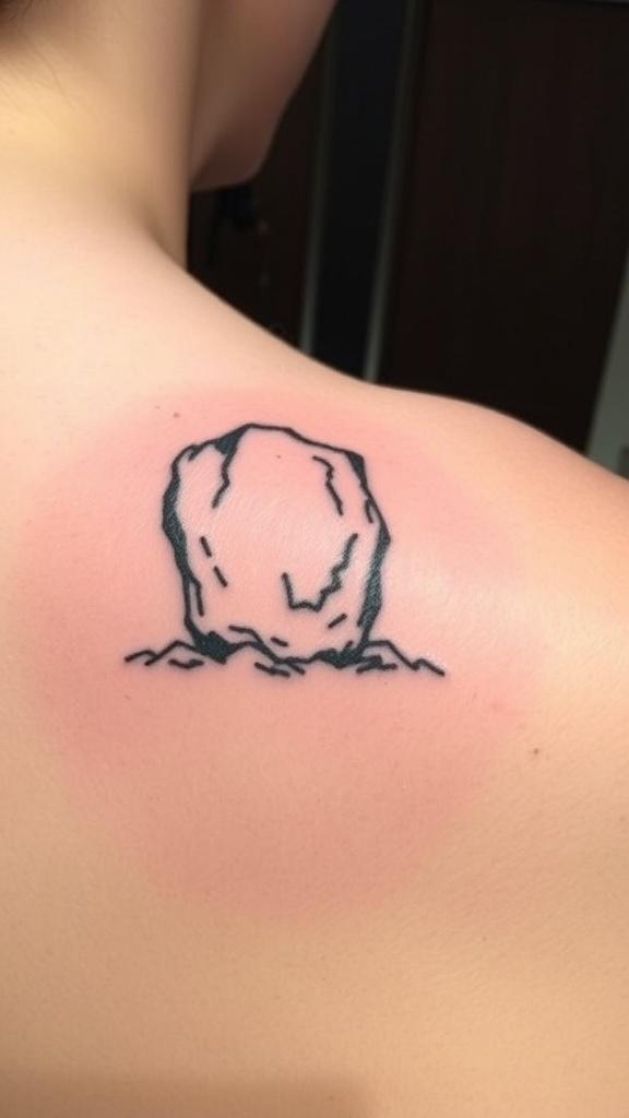 Small tattoo of the Blarney Stone on a person's upper back.