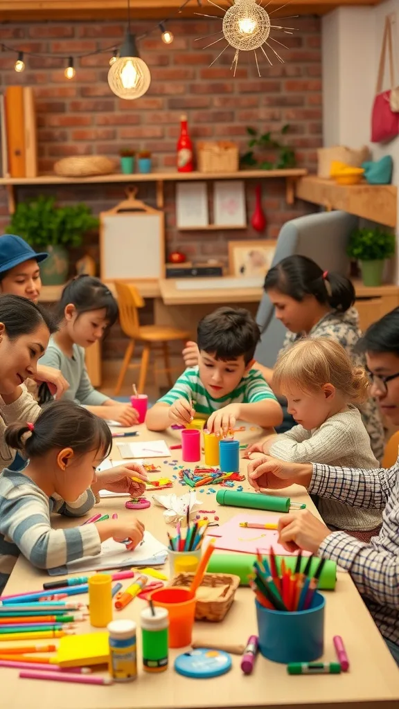 Children engaged in colorful arts and crafts at a creative workshop, using paper, crayons, and clay.