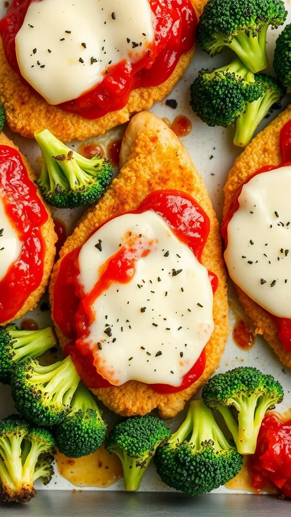 Chicken Parmesan with melted cheese, tomato sauce, and broccoli for a colorful, delicious meal.