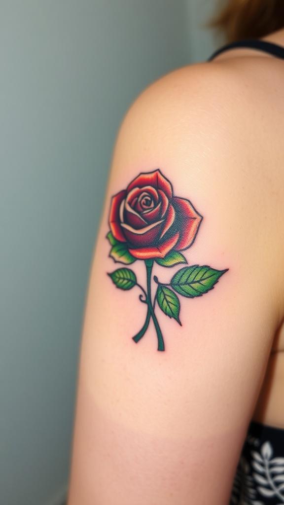 A vibrant red rose tattoo on the shoulder of a person.