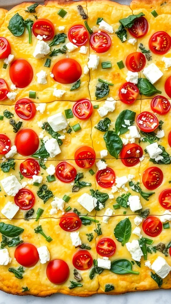 Cheesy flatbread topped with cherry tomatoes, feta, and fresh herbs. Perfect for a vibrant, tasty meal.