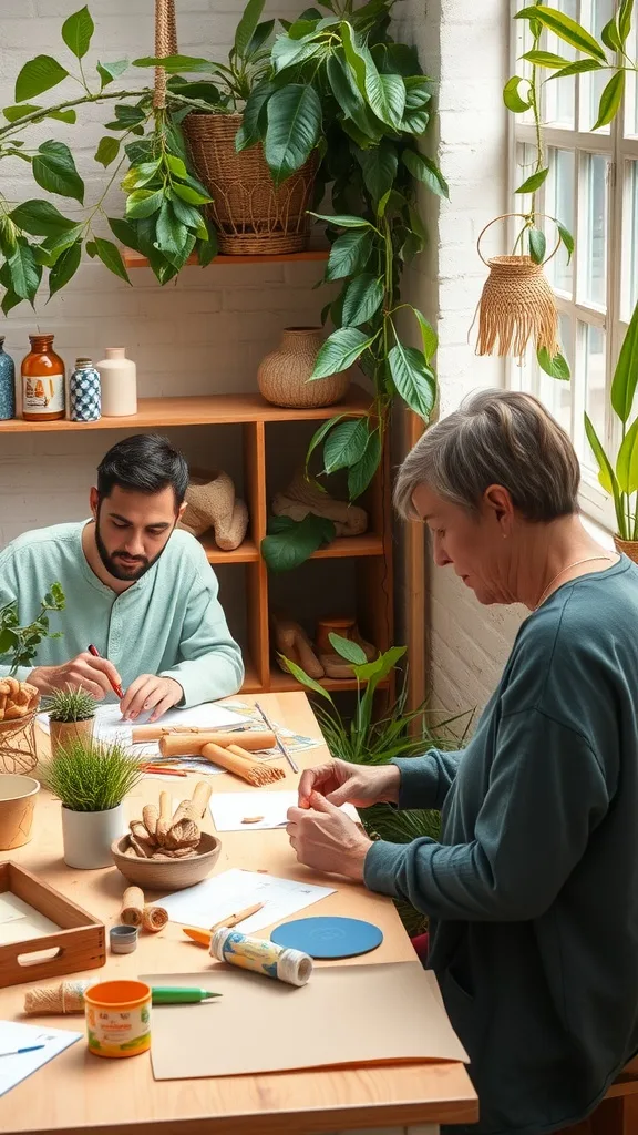 Two people crafting at a table in a plant-filled room, surrounded by art supplies and natural light.