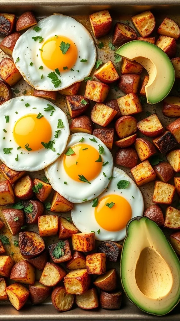 Delicious breakfast: sunny-side-up eggs, roasted potatoes, and fresh avocado slices. Perfect for a healthy start!