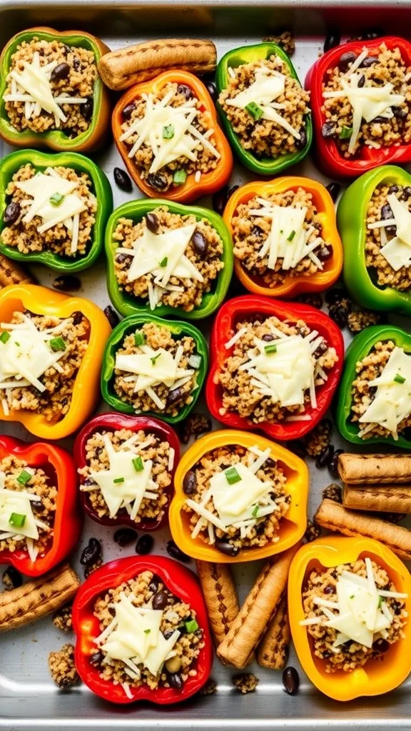 Colorful stuffed bell peppers with rice, black beans, and cheese on a baking tray. Perfect vegetarian meal idea.