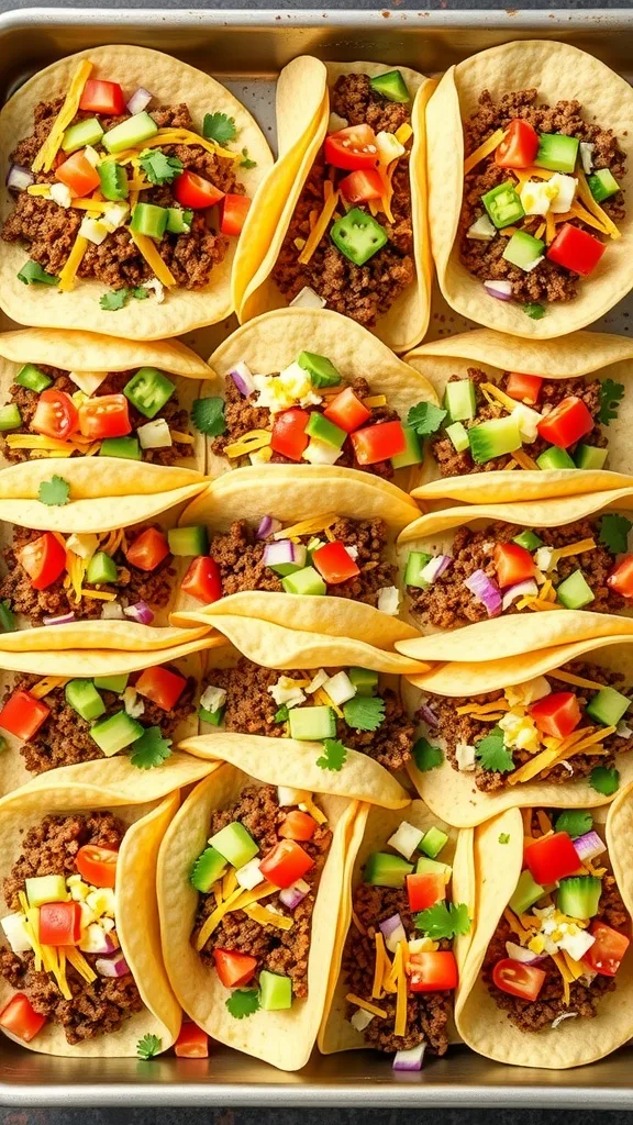 Tray of vibrant beef tacos topped with fresh tomatoes, lettuce, cilantro, and cheese. Perfect Mexican dish for a party.