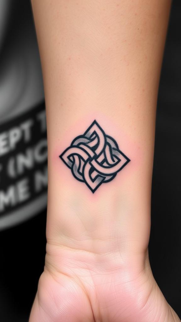 A small Celtic knot tattoo on a wrist.