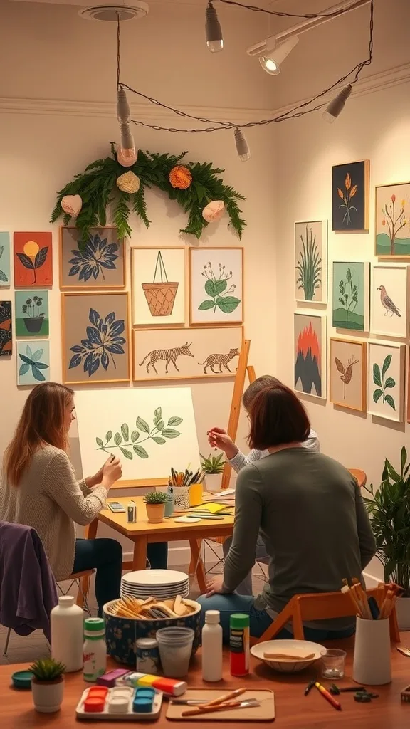 Artists painting botanical designs in a cozy studio with framed artwork on the walls.