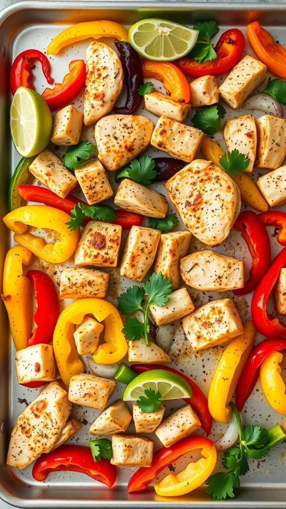 Grilled chicken with colorful bell peppers on a tray, garnished with lime slices and cilantro leaves.