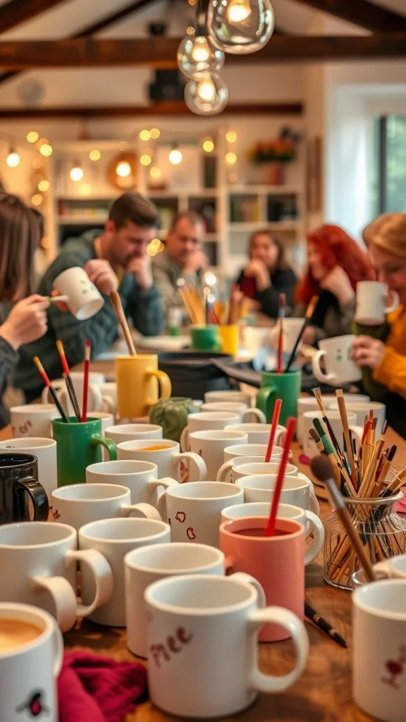 Group painting ceramics workshop with colorful mugs, brushes, and people enjoying the creative activity.